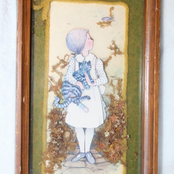 Vintage 1970's 3D wooden frame girl with a cat bird nature wall hanging collage - Picture 5 of 11